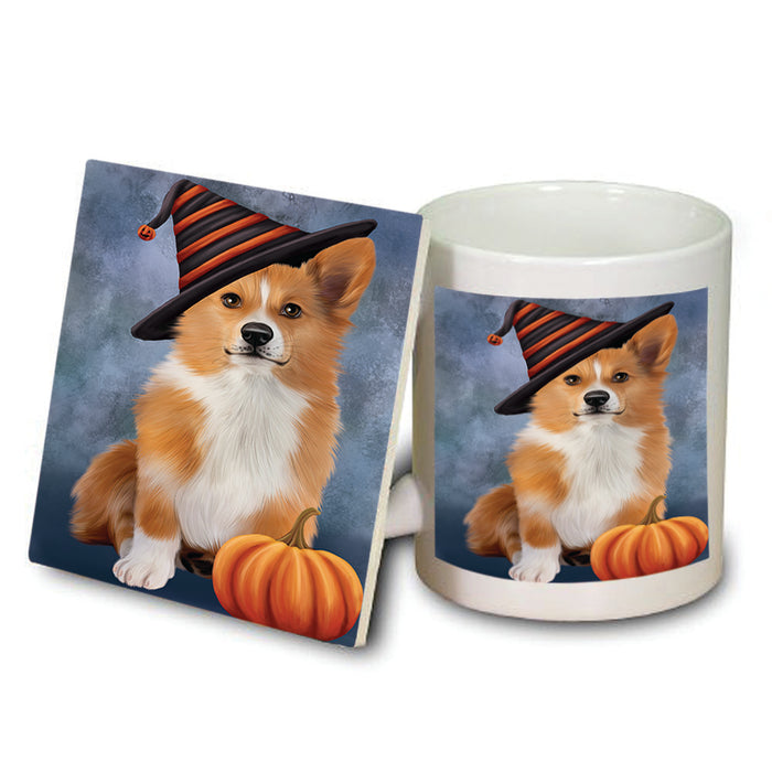 Happy Halloween Welsh Corgi Dog Wearing Witch Hat with Pumpkin Mug and Coaster Set MUC54829