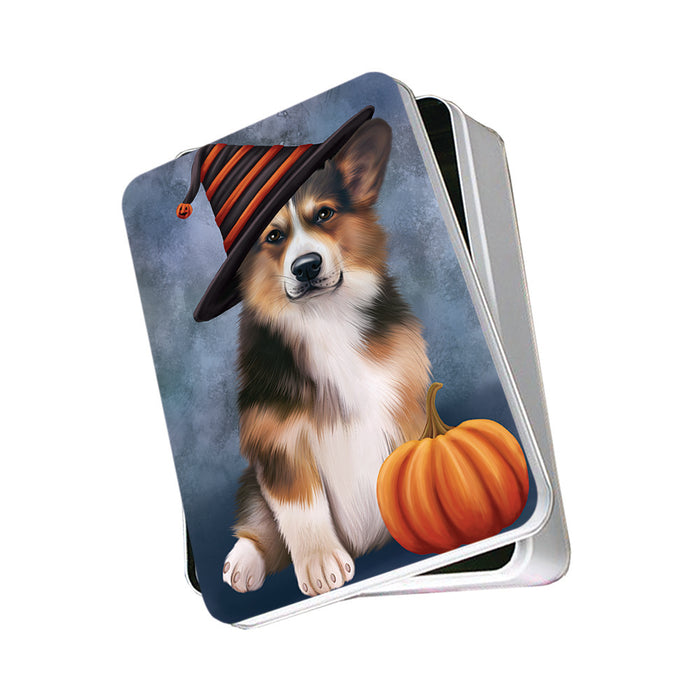 Happy Halloween Welsh Corgi Dog Wearing Witch Hat with Pumpkin Photo Storage Tin PITN54781