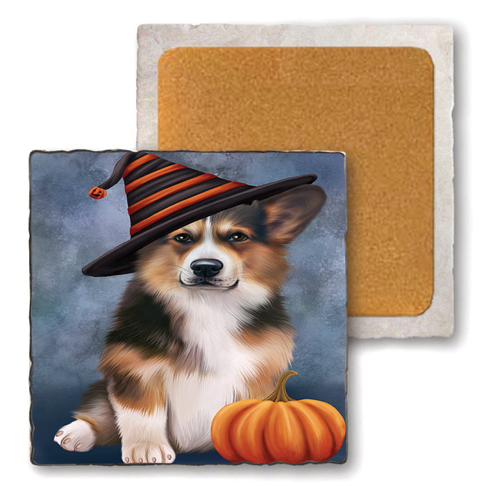 Happy Halloween Welsh Corgi Dog Wearing Witch Hat with Pumpkin Set of 4 Natural Stone Marble Tile Coasters MCST49838