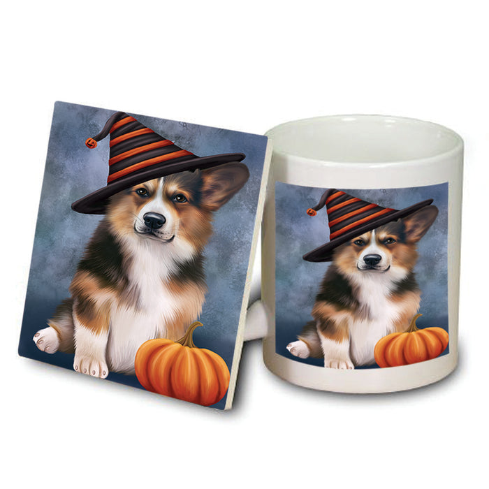 Happy Halloween Welsh Corgi Dog Wearing Witch Hat with Pumpkin Mug and Coaster Set MUC54830