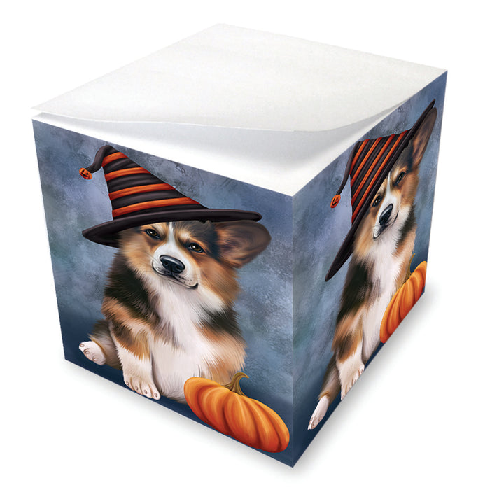 Happy Halloween Welsh Corgi Dog Wearing Witch Hat with Pumpkin Note Cube NOC56484