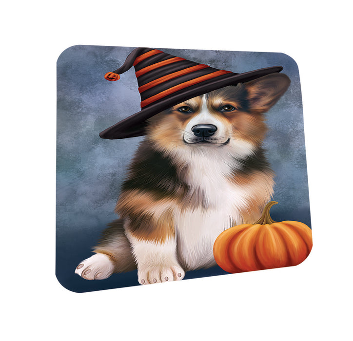 Happy Halloween Welsh Corgi Dog Wearing Witch Hat with Pumpkin Coasters Set of 4 CST54796