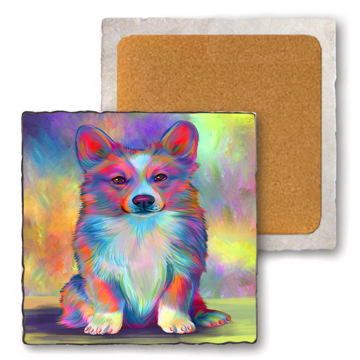 Paradise Wave Welsh Corgi Dog Set of 4 Natural Stone Marble Tile Coasters MCST51744