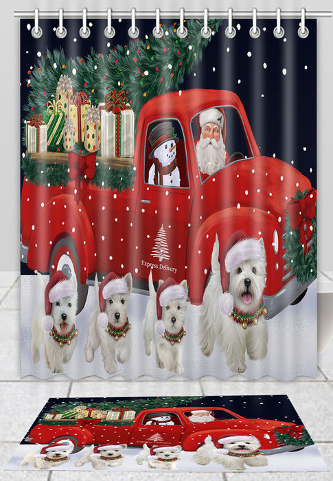 Christmas Express Delivery Red Truck Running West Highland Terrier Dogs Bath Mat and Shower Curtain Combo