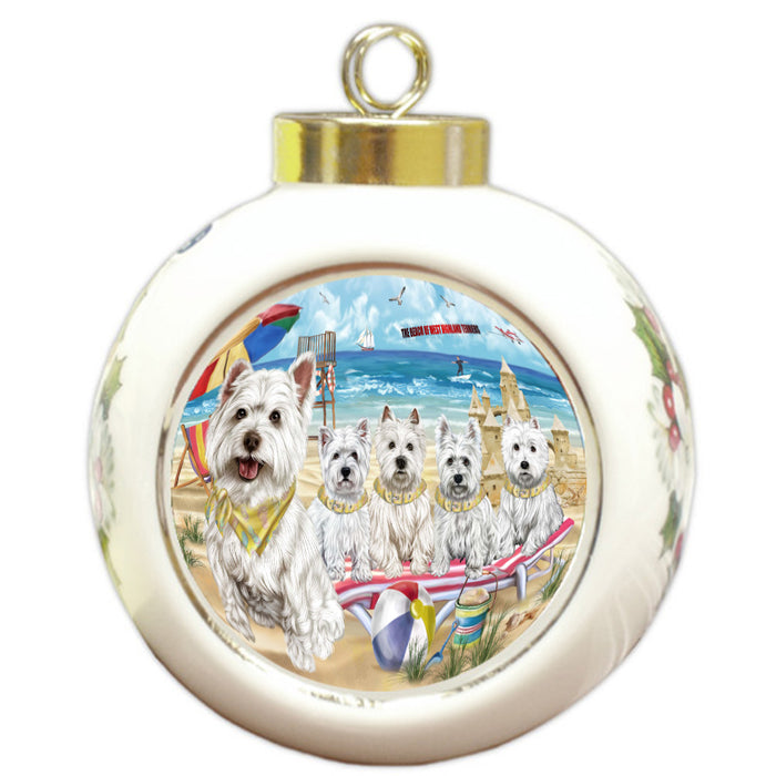 Pet Friendly Beach West Highland Terrier Dogs Round Ball Christmas Ornament Pet Decorative Hanging Ornaments for Christmas X-mas Tree Decorations - 3" Round Ceramic Ornament