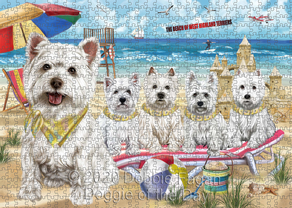 Pet Friendly Beach West Highland Terrier Dogs Portrait Jigsaw Puzzle for Adults Animal Interlocking Puzzle Game Unique Gift for Dog Lover's with Metal Tin Box
