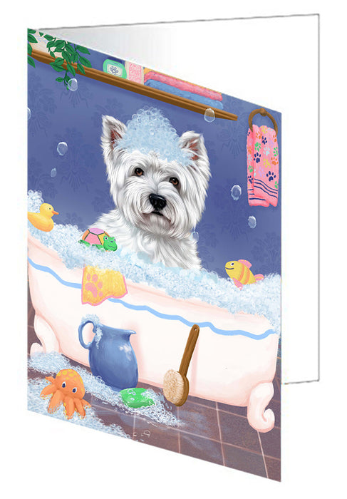 Rub A Dub Dog In A Tub West Highland Terrier Dog Handmade Artwork Assorted Pets Greeting Cards and Note Cards with Envelopes for All Occasions and Holiday Seasons GCD79733