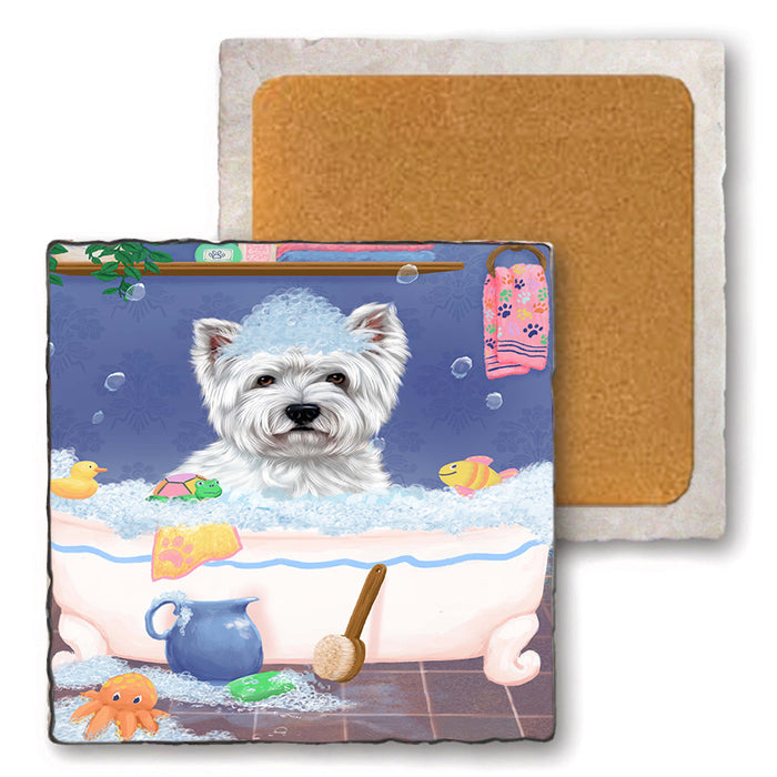 Rub A Dub Dog In A Tub West Highland Terrier Dog Set of 4 Natural Stone Marble Tile Coasters MCST52473