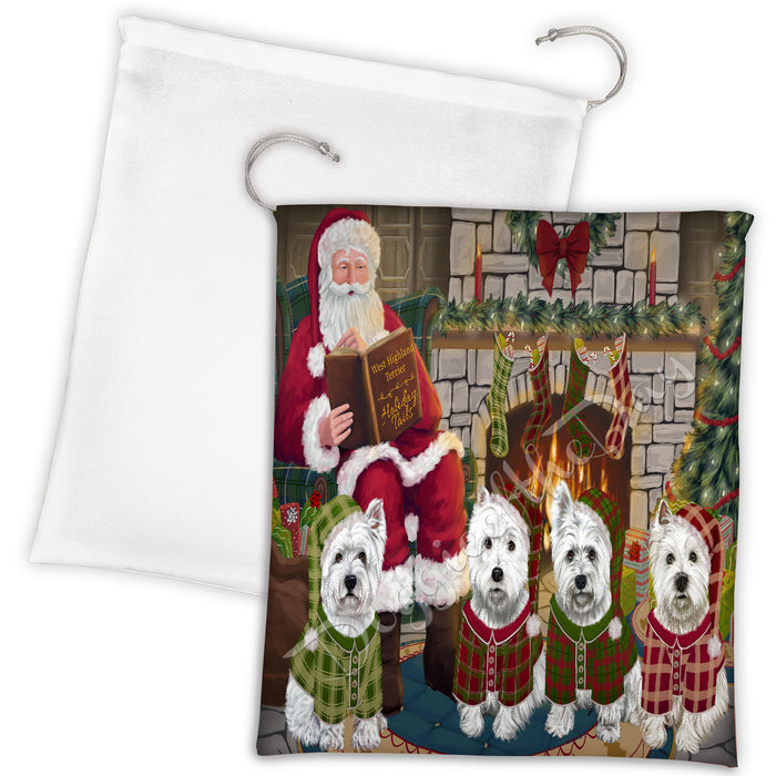Christmas Cozy Holiday Fire Tails West Highland Terrier Dogs Drawstring Laundry or Gift Bag LGB48547
