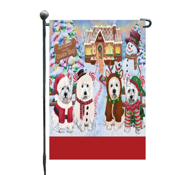 Personalized Holiday Gingerbread Cookie Shop West Highland Terrier Dogs Custom Garden Flags GFLG-DOTD-A59250