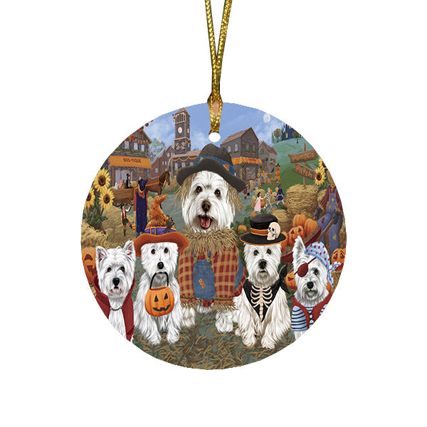 Halloween 'Round Town And Fall Pumpkin Scarecrow Both West Highland Terrier Dogs Round Flat Christmas Ornament RFPOR57619