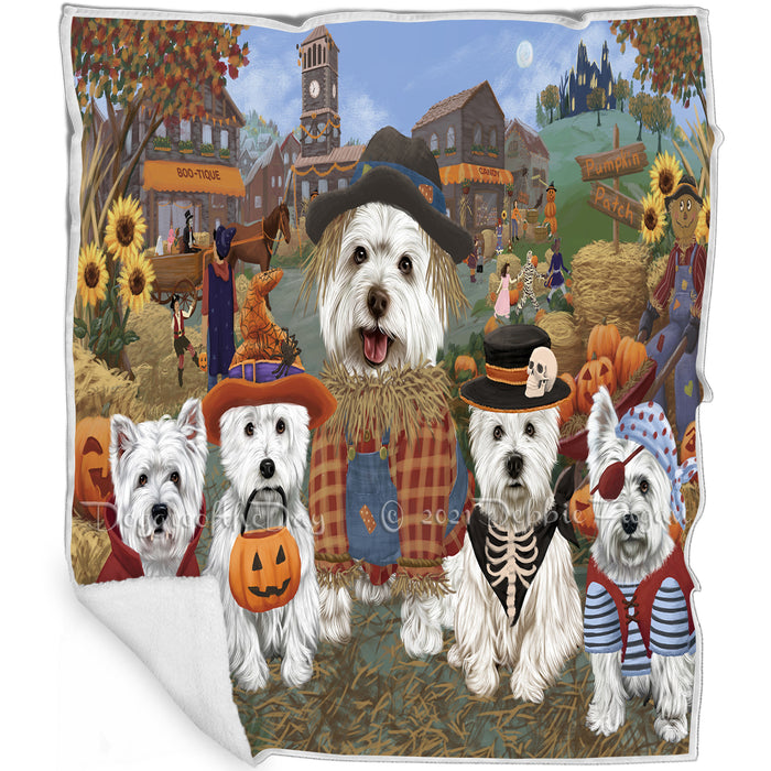 Halloween 'Round Town And Fall Pumpkin Scarecrow Both West Highland Terrier Dogs Blanket BLNKT143674