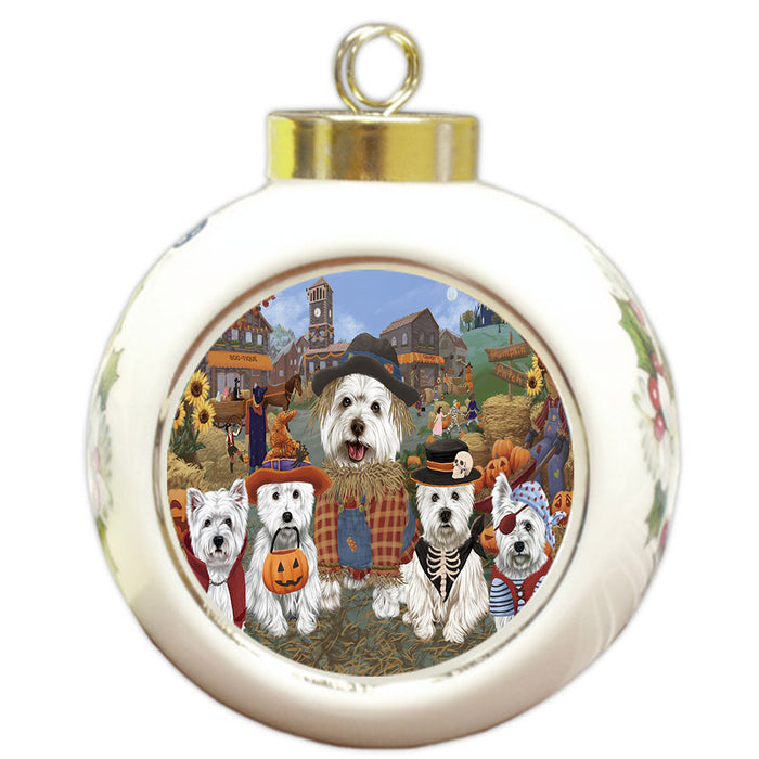 Halloween 'Round Town And Fall Pumpkin Scarecrow Both West Highland Terrier Dogs Round Ball Christmas Ornament RBPOR57619