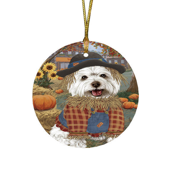 Halloween 'Round Town And Fall Pumpkin Scarecrow Both West Highland Terrier Dog Round Flat Christmas Ornament RFPOR57680