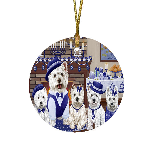 Happy Hanukkah Family and Happy Hanukkah Both West Highland Terrier Dogs Round Flat Christmas Ornament RFPOR57649