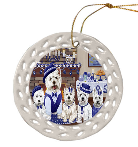 Happy Hanukkah Family West Highland Terrier Dogs Ceramic Doily Ornament DPOR57745
