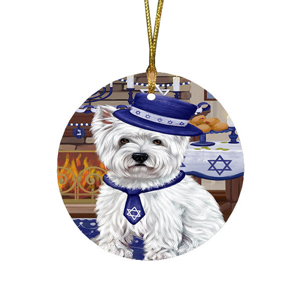 Happy Hanukkah Family and Happy Hanukkah Both West Highland Terrier Dog Round Flat Christmas Ornament RFPOR57710