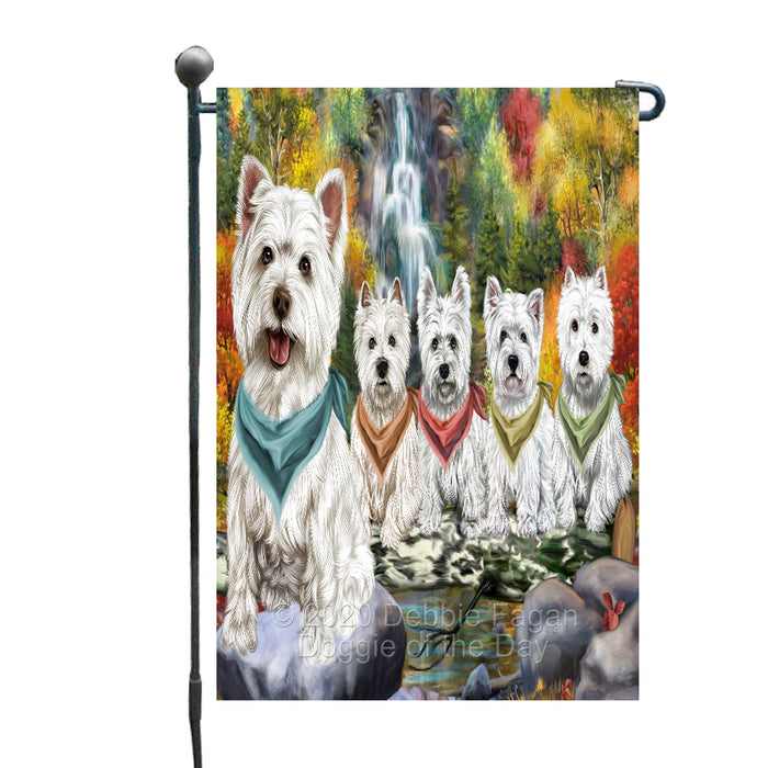 Scenic Waterfall West Highland Terrier Dogs Garden Flags Outdoor Decor for Homes and Gardens Double Sided Garden Yard Spring Decorative Vertical Home Flags Garden Porch Lawn Flag for Decorations