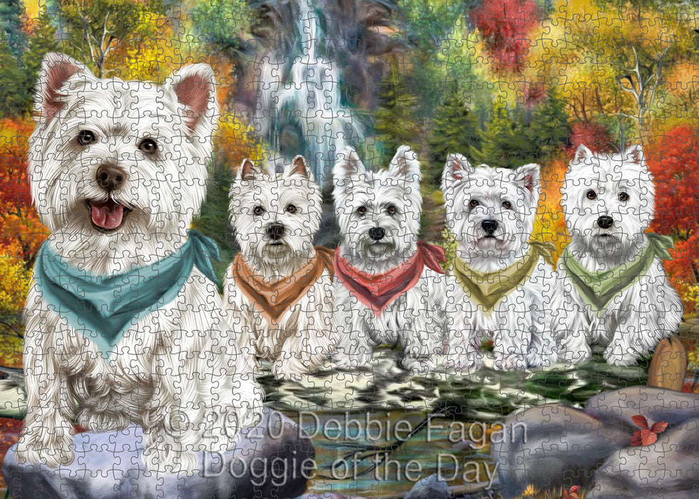 Scenic Waterfall West Highland Terrier Dogs Portrait Jigsaw Puzzle for Adults Animal Interlocking Puzzle Game Unique Gift for Dog Lover's with Metal Tin Box