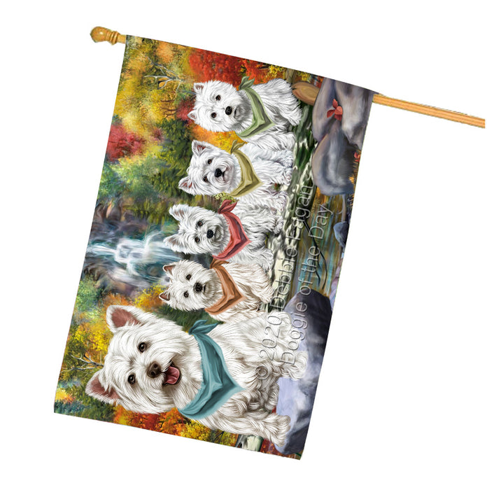 Scenic Waterfall West Highland Terrier Dogs House Flag Outdoor Decorative Double Sided Pet Portrait Weather Resistant Premium Quality Animal Printed Home Decorative Flags 100% Polyester