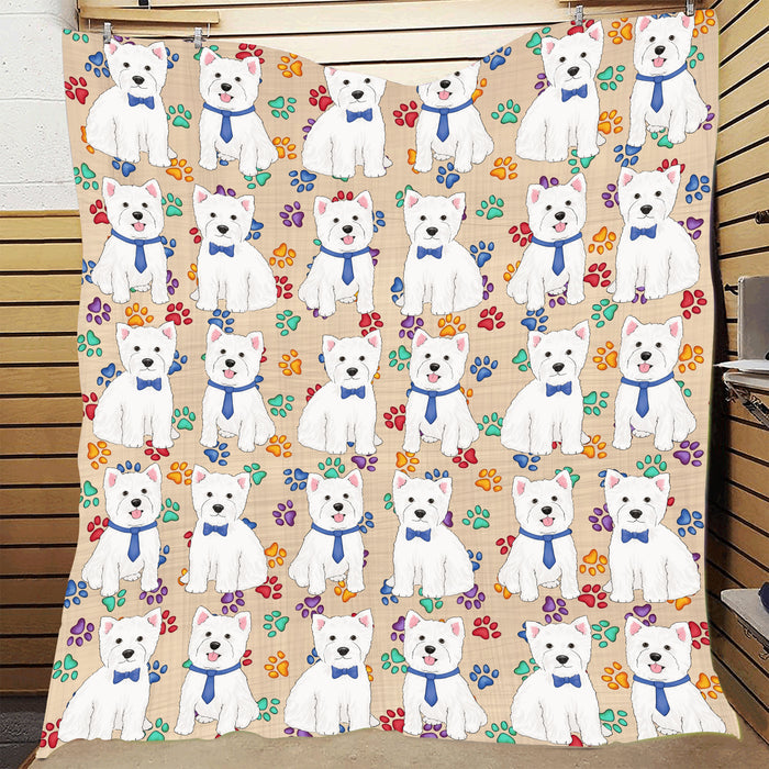 Rainbow Paw Print West Highland Terrier Dogs Blue Quilt