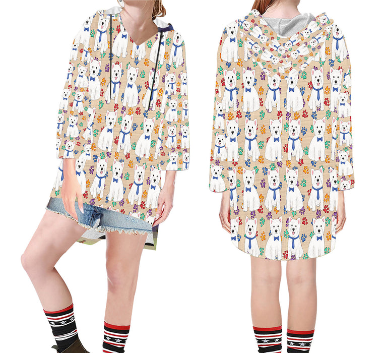 Rainbow Paw Print West Highland Terrier Dogs Blue Step Hem Women's Hoodie