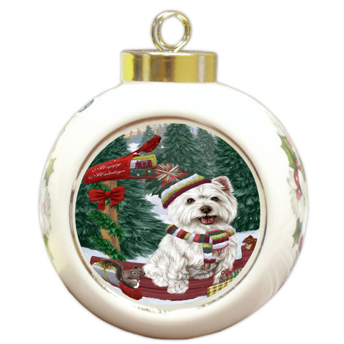 Merry Christmas Woodland Sled West Highland Terrier Dog Round Ball Christmas Ornament RBPOR55423