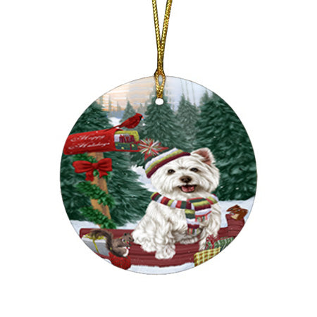 Merry Christmas Woodland Sled West Highland Terrier Dog Round Flat Christmas Ornament RFPOR55423