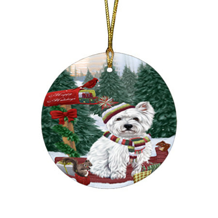 Merry Christmas Woodland Sled West Highland Terrier Dog Round Flat Christmas Ornament RFPOR55424