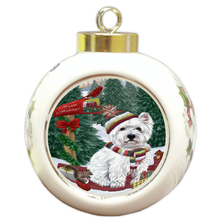 Merry Christmas Woodland Sled West Highland Terrier Dog Round Ball Christmas Ornament RBPOR55424