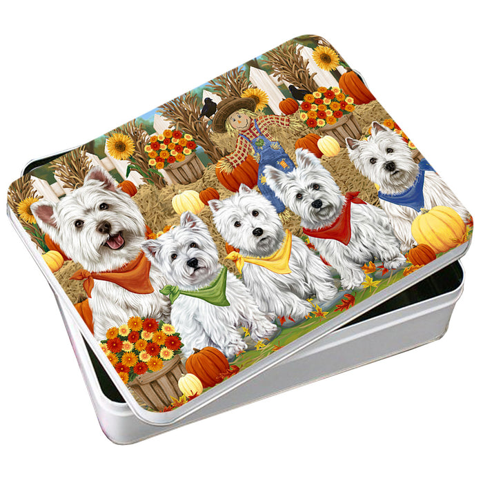 Fall Festive Gathering West Highland Terriers Dog with Pumpkins Photo Storage Tin PITN50812
