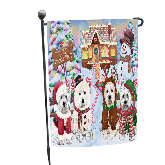 Holiday Gingerbread Cookie Shop West Highland Terriers Dog Garden Flag GFLG57259
