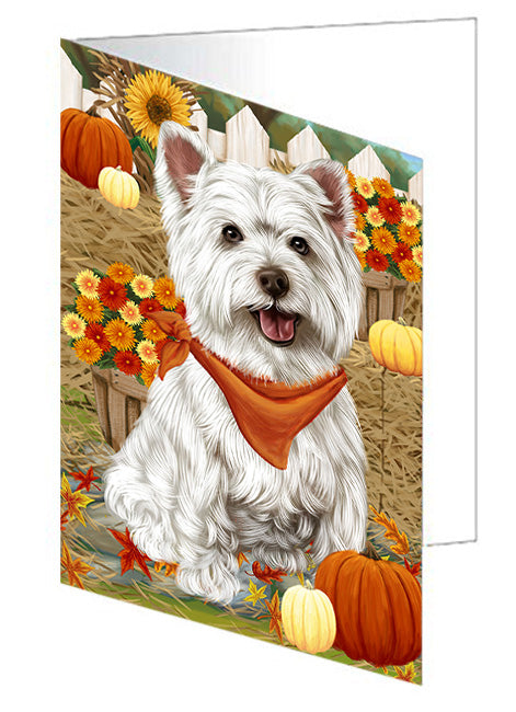 Fall Autumn Greeting West Highland Terrier Dog with Pumpkins Handmade Artwork Assorted Pets Greeting Cards and Note Cards with Envelopes for All Occasions and Holiday Seasons GCD56693