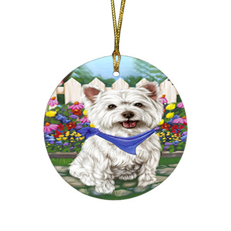 Spring Floral West Highland Terrier Dog Round Flat Christmas Ornament RFPOR52178