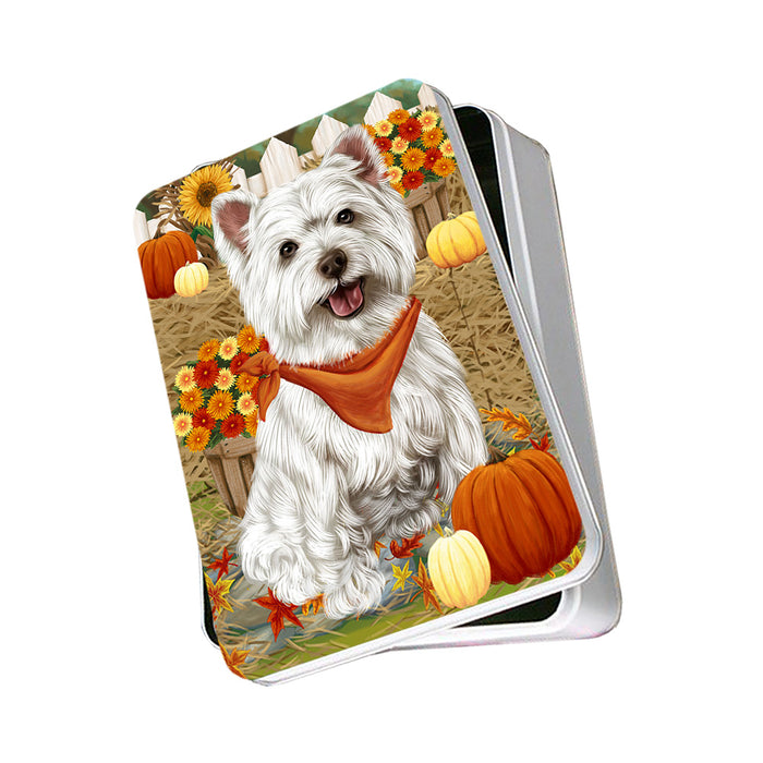 Fall Autumn Greeting West Highland Terrier Dog with Pumpkins Photo Storage Tin PITN50888