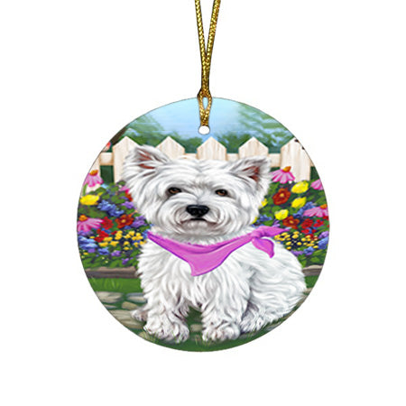 Spring Floral West Highland Terrier Dog Round Flat Christmas Ornament RFPOR52179