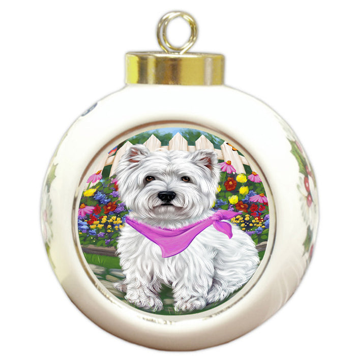 Spring Floral West Highland Terrier Dog Round Ball Christmas Ornament RBPOR52188