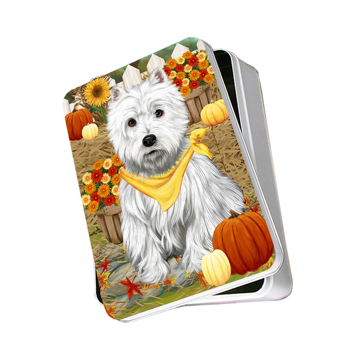 Fall Autumn Greeting West Highland Terrier Dog with Pumpkins Photo Storage Tin PITN50889