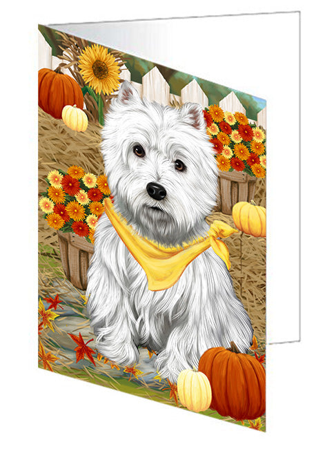 Fall Autumn Greeting West Highland Terrier Dog with Pumpkins Handmade Artwork Assorted Pets Greeting Cards and Note Cards with Envelopes for All Occasions and Holiday Seasons GCD56696