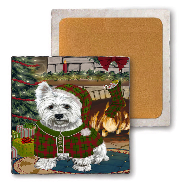 The Stocking was Hung West Highland Terrier Dog Set of 4 Natural Stone Marble Tile Coasters MCST50654