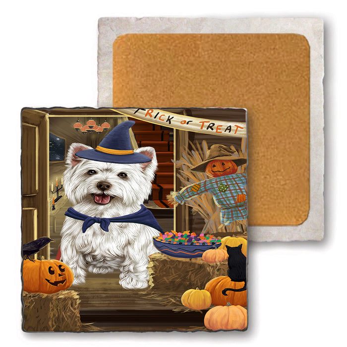 Enter at Own Risk Trick or Treat Halloween West Highland Terrier Dog Set of 4 Natural Stone Marble Tile Coasters MCST48334
