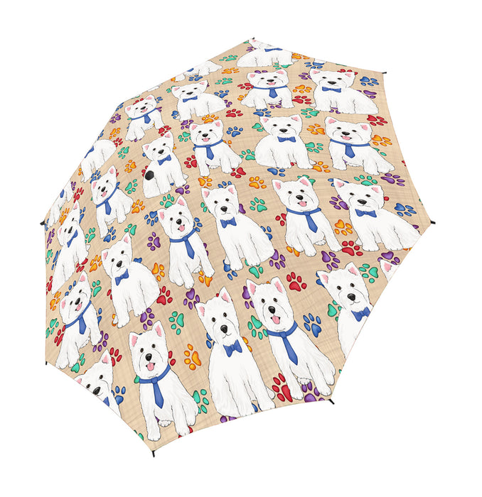 Rainbow Paw Print West Highland Terrier Dogs Blue Semi-Automatic Foldable Umbrella