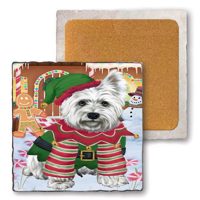 Christmas Gingerbread House Candyfest West Highland Terrier Dog Set of 4 Natural Stone Marble Tile Coasters MCST51592