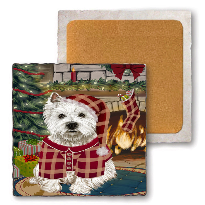 The Stocking was Hung West Highland Terrier Dog Set of 4 Natural Stone Marble Tile Coasters MCST50655