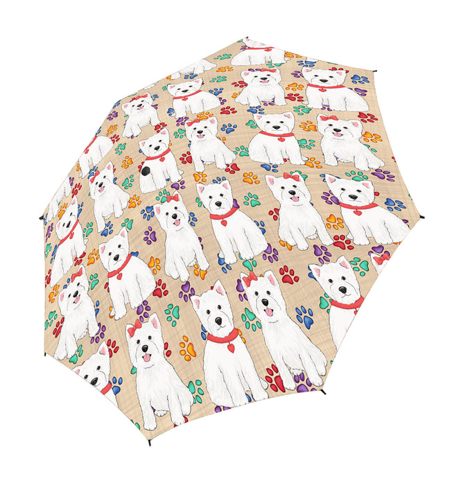 Rainbow Paw Print West Highland Terrier Dogs Red Semi-Automatic Foldable Umbrella