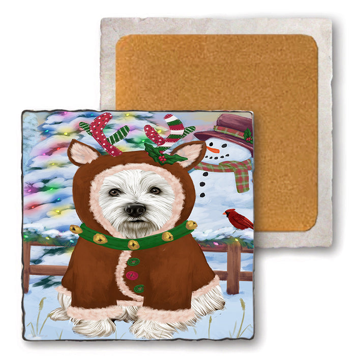 Christmas Gingerbread House Candyfest West Highland Terrier Dog Set of 4 Natural Stone Marble Tile Coasters MCST51593