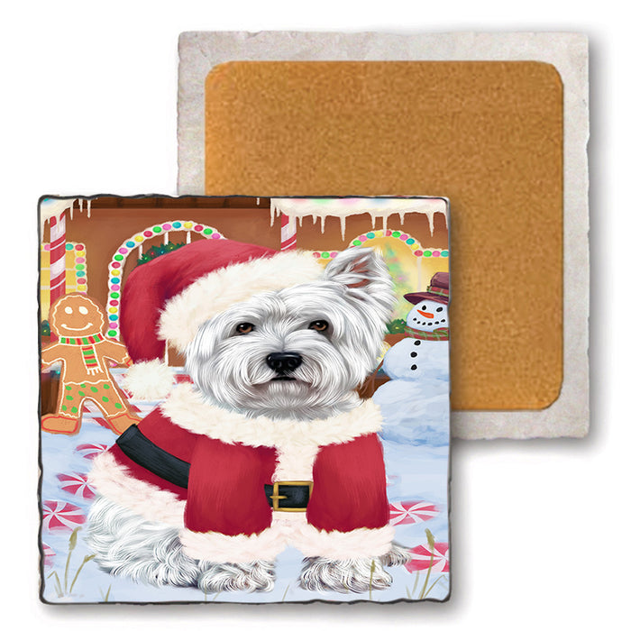 Christmas Gingerbread House Candyfest West Highland Terrier Dog Set of 4 Natural Stone Marble Tile Coasters MCST51594