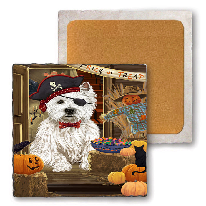 Enter at Own Risk Trick or Treat Halloween West Highland Terrier Dog Set of 4 Natural Stone Marble Tile Coasters MCST48336