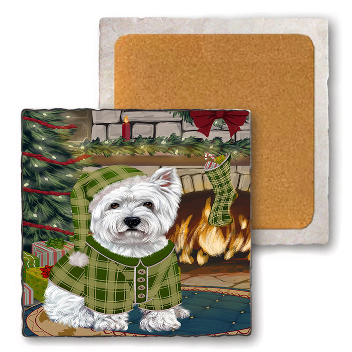The Stocking was Hung West Highland Terrier Dog Set of 4 Natural Stone Marble Tile Coasters MCST50656