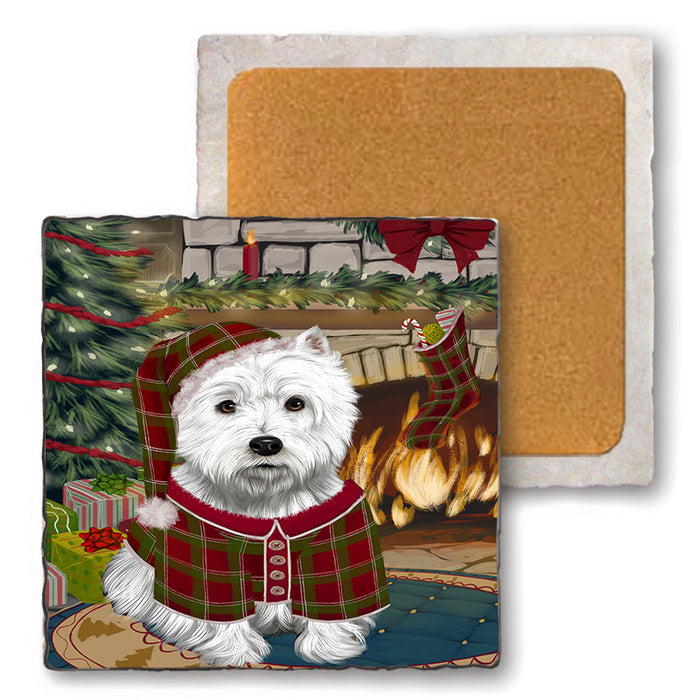 The Stocking was Hung West Highland Terrier Dog Set of 4 Natural Stone Marble Tile Coasters MCST50657
